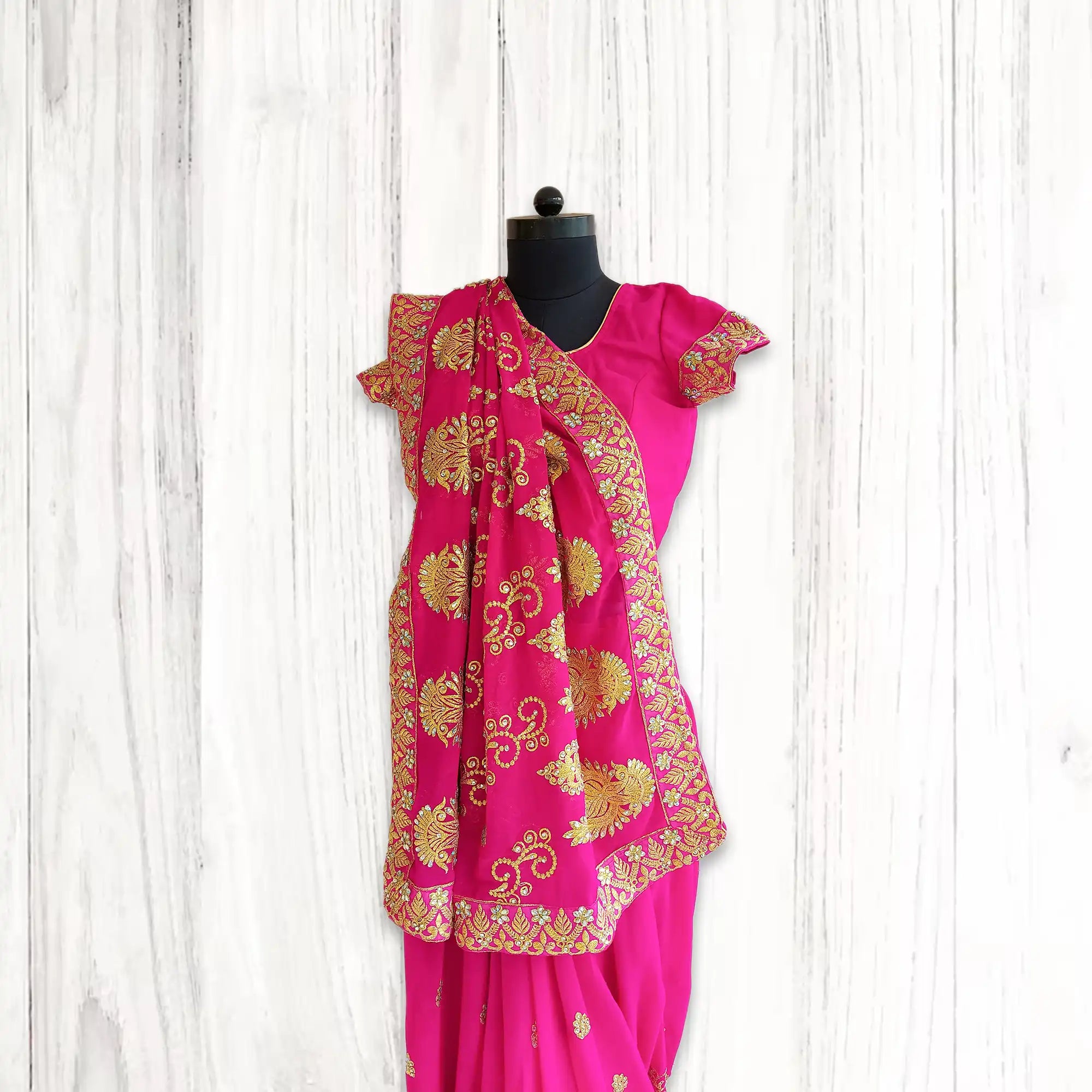 georgette chiffon embroidered saree, ready to wear saree, dark pink ciffon saree, saree with blouse,  