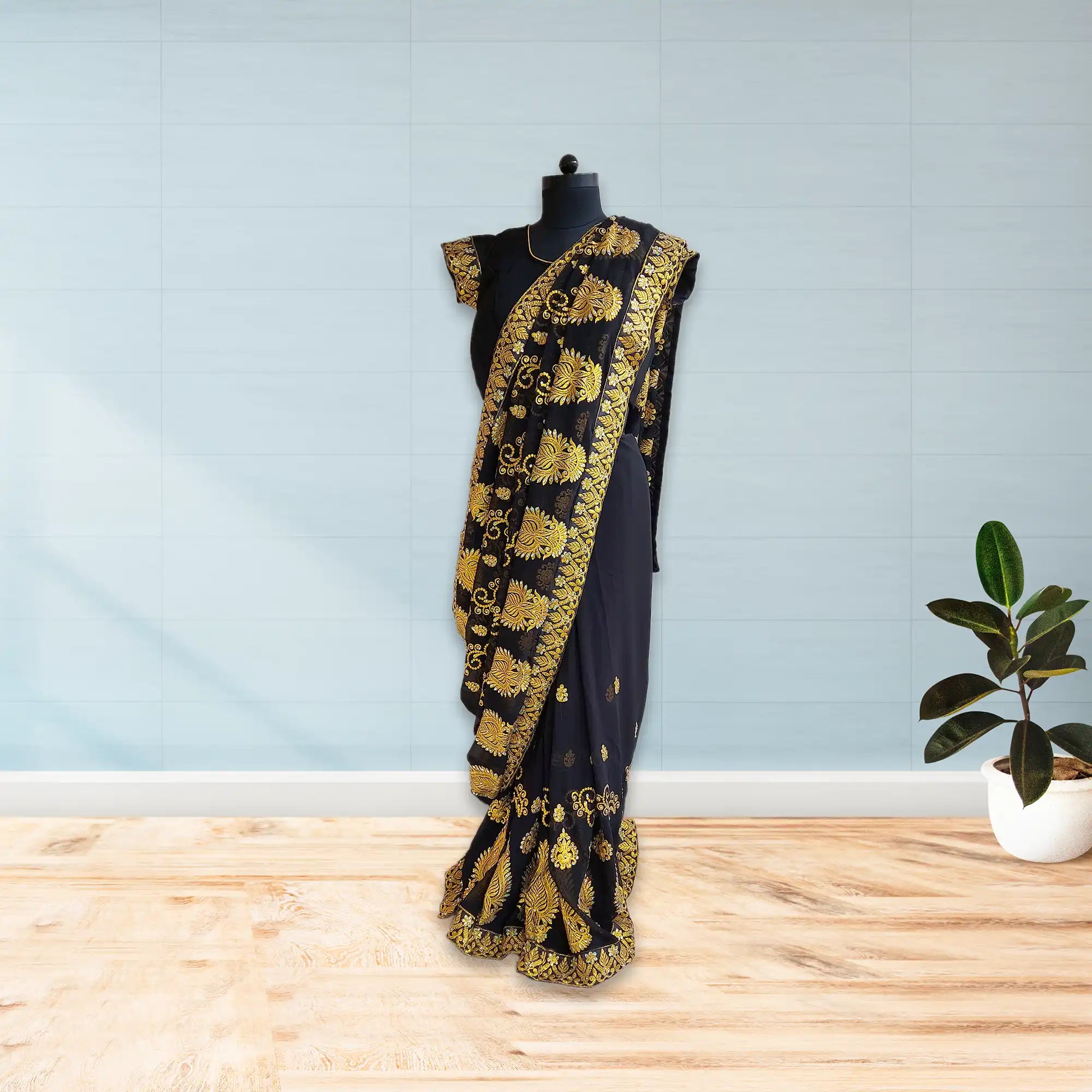 black shiffon saree, ready to wear saree, indian wedding saree, saree with blouse