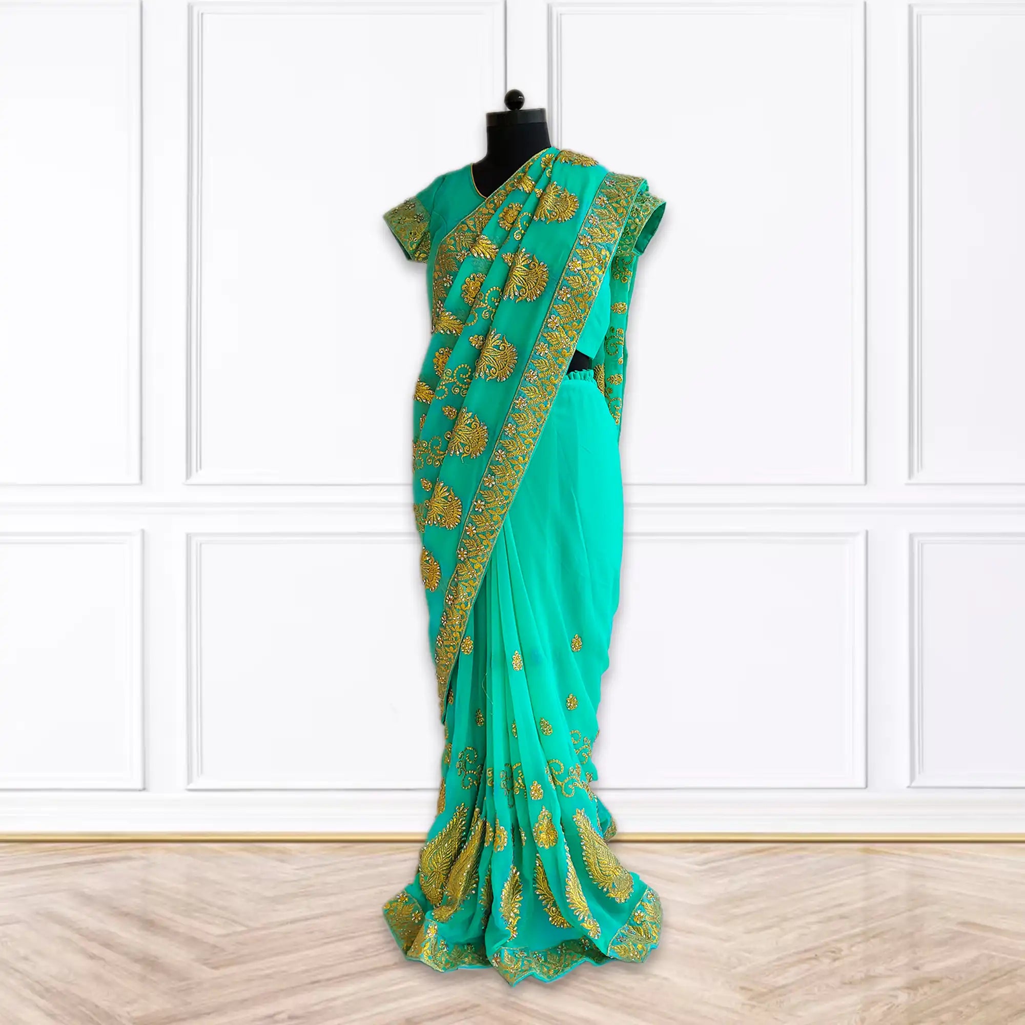 hand emboroidery art saree, indian light blue saree, ready to wear saree