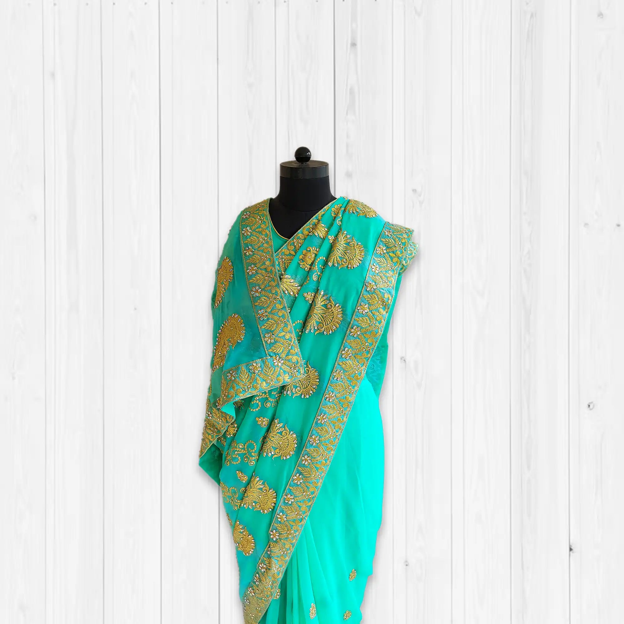 Light Blue Green Hand Embroidery Saree S 05