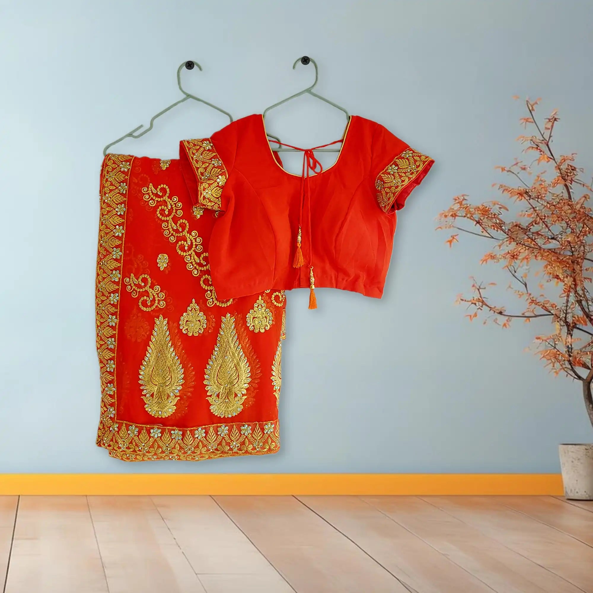 Orange Embroidered Chiffon Saree S 07