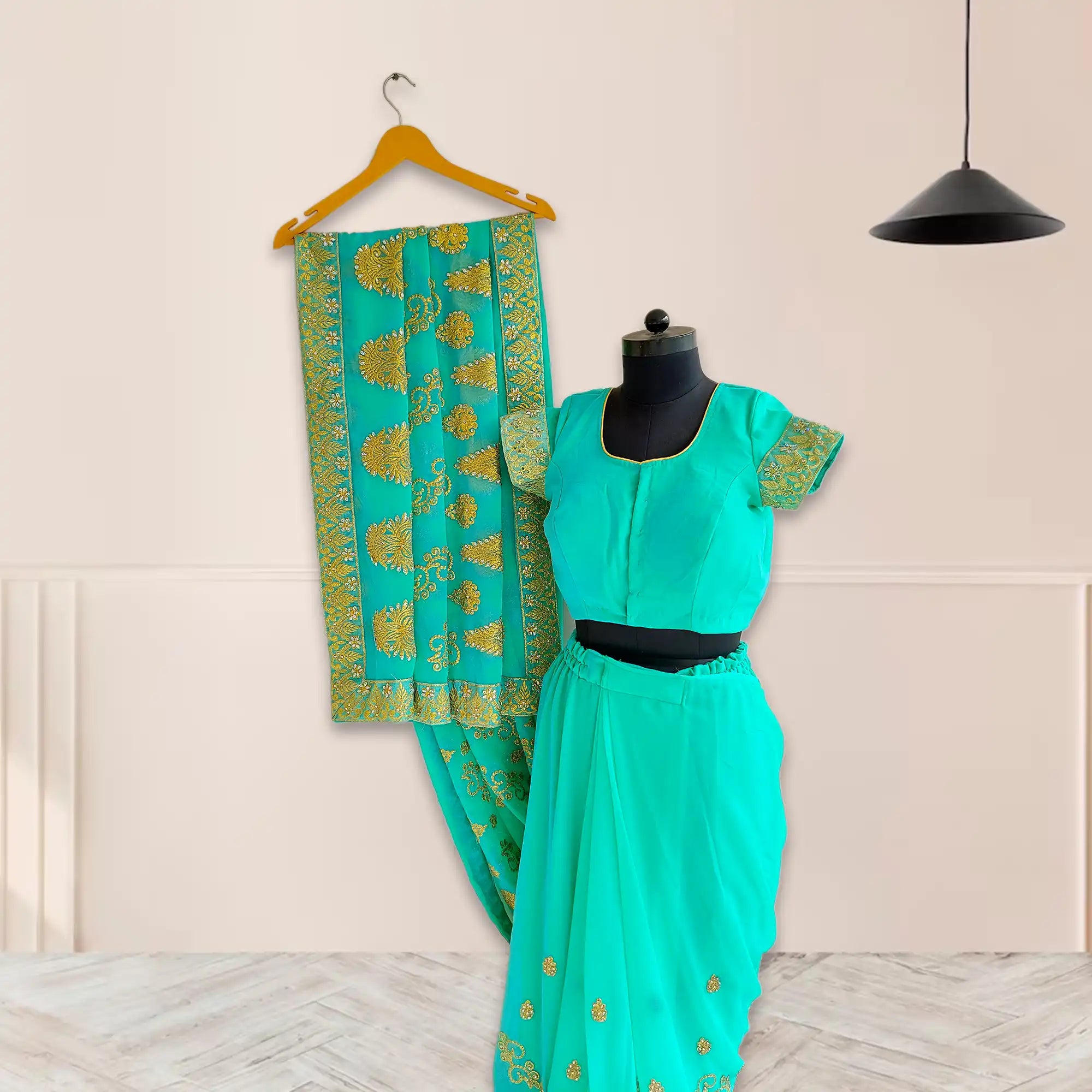 Light Blue Green Hand Embroidery Saree S 05