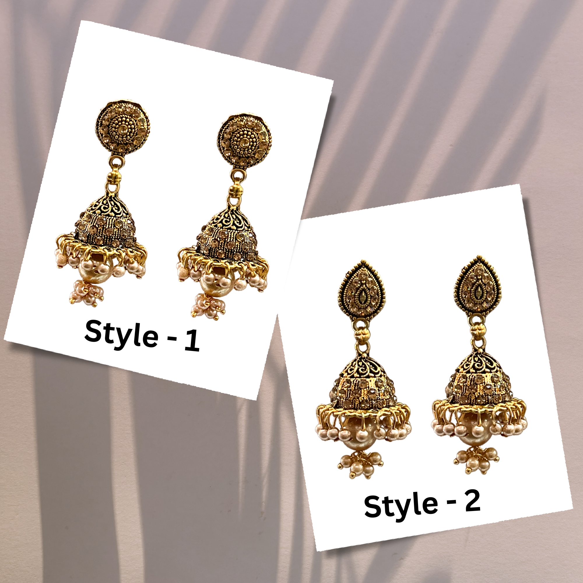 gold-plated earrings, jhumka oxdisied earrings, pearl drop earrings
