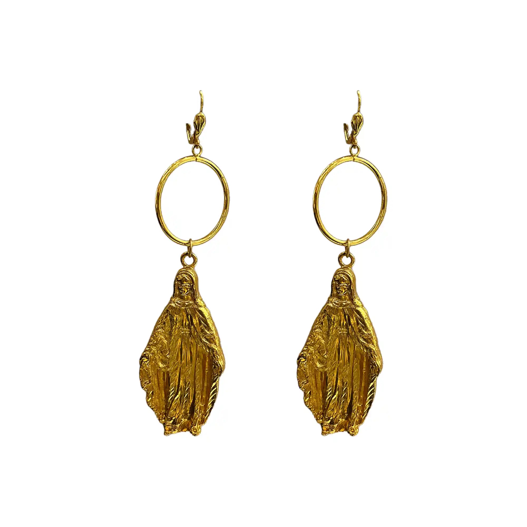 gold-plated earrings, mother mary earrings, bali hoop dangle earrings