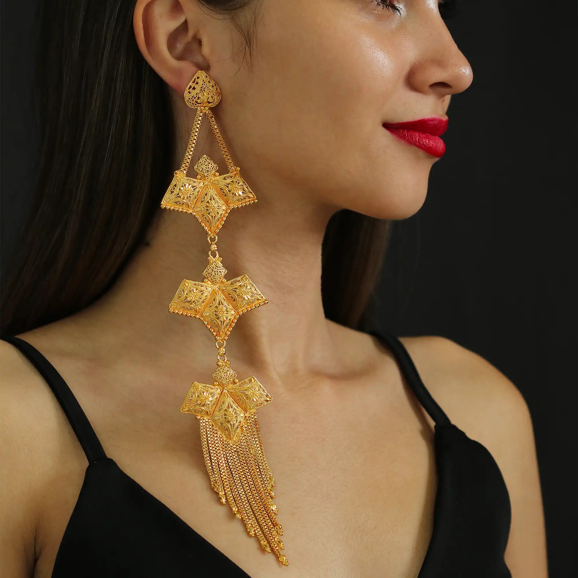 long statement earrings, indian women wedding jewelry, gold-plated earrings, dubai gold earrings
